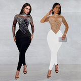 2025 C7137    Popular and  Fashion Women's Clothing Slim Mesh Hot Diamond Long Sleeve Long Pants Jumpsuit