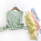 I862 solid color threaded elastic ice-feeling thin short outer air-conditioned shirt summer new long-sleeved women's knitted sweater