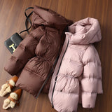 2025 Fluffy and high warm! Hooded windproof drawstring waist down jacket medium and long high-end women's clothing 90 white duck down winter