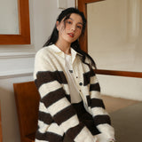 Contrasting striped knitted cardigan women's clothing design sense single-breasted spring and autumn top lazy casual long-sleeved woolen jacket