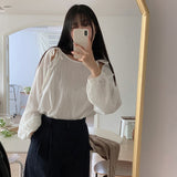 Sweet and spicy style pure cotton shirt summer women's clothing round neck solid color shoulder hollow sunscreen clothing design bubble sleeve top