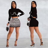2025 C7128    Popular and  Fashion Women's Clothing Long Sleeve Sexy Hip Wrap Short Skirt Hot Diamond Two-piece Set