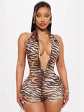 new New fashion deep V neck leopard print backless tight sexy elastic short jumpsuit jumpsuit
