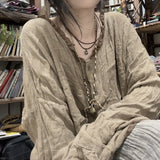 2025  24/4 SN41 literary and retro long-sleeved linen cotton smoked color craft fried old contrasting color lace neck cardigan shirt
