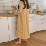 summer little fresh princess style plaid dress retro wrinkle bubble sleeves can be worn outside long nightgown women