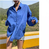 Korean version of commuter style pure cotton blue shirt women's  spring new loose long-sleeved top single-row button-up cardigan