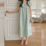 summer little fresh princess style plaid dress retro wrinkle bubble sleeves can be worn outside long nightgown women