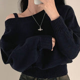 Temperament diagonal neck off-the-shoulder sweater  spring new solid color short women's threaded splicing neckline long-sleeved top