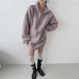Autumn and winter lamb wool long-sleeved dress thickened teddy fleece zipper pullover long loose and thin sweater women's clothing