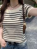 Striped T-shirt short-sleeved women's summer bottoming shirt square neck knitted thin  short outer top X127