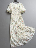 Floral shrunken pleats elastic waist slim slim body round neck lantern sleeves a word long skirt short sleeve women's dress dress Z056