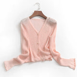 I862 solid color threaded elastic ice-feeling thin short outer air-conditioned shirt summer new long-sleeved women's knitted sweater