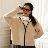 Classic double zipper hooded cardigan women's autumn and winter  new retro contrasting sweater knitted long-sleeved jacket