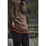 2025  23/4/Tea Ancient/Spring and Summer Literary Retro Ramie Printed Crew Neck Pullover Shoulder Medium Long Shirt