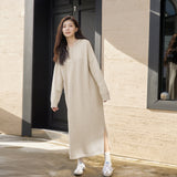Hooded wool knitted dress spring and autumn new women's single-breasted long dress lazy side split long-sleeved skirt