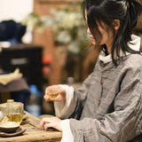 2025  22/12 Xiaoqiu, early spring literary and retro ramie cardigan collarless button-down shoulder shirt