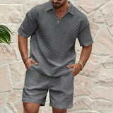 KKBOXLY popular summer New men's casual trend fashionable and comfortable waffle solid color lapel shirt sports suit