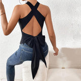 Cross-border  women's clothing  popular new slim-fit backless straps sleeveless neck-hanging sexy vest top