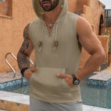 KKBOXLY Hot trade New summer new 2025 young men's casual jacquard knitted hooded lace-up T-shirt sleeveless vest