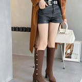 2025  Suede Trendy Button High Heel Over Knee Boots popular New Stiletto Side Zipper Boots Pile Boots