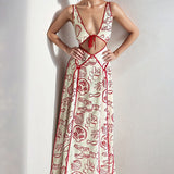 2025 spring new  women's clothing temperament elegant printing V-neck hollow lace-up holiday style fashion dress