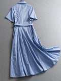 Blue striped lace-up waist slim lapel shirt skirt  summer new short-sleeved long dress dress X795