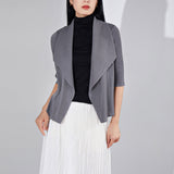2025 temperament pleated coat women's spring and autumn versatile lapel solid color loose casual high-end cardigan top short