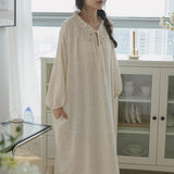 Korean new gentle tea break floral color dot pure cotton gauze nightdress skin-friendly soft and comfortable crepe long-sleeved skirt