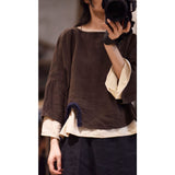 2025    22/8 Xiaohe, early autumn literary and retro linen round neck pullover shoulder seven-quarter sleeve short linen shirt
