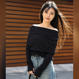 Design sense solid color one-word shoulder bottoming shirt spring new slim-fitting and thin inner top long-sleeved off-the-shoulder knitted sweater