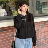 spring and autumn new shirts women's clothing contrasting colors sprouting design long-sleeved pearl buckle temperament black shirt cardigan