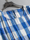 Blue plaid loose and thin pure cotton round neck Japanese literary sleeveless pinch pleated vest skirt women's dress dress X545