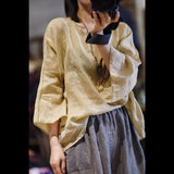 2025    22/6 small cigarettes, literary and casual high-count ramie light and breathable pullover, shoulder-length nine-quarter sleeve sunscreen short shirt