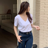 Deep v-neck design T-shirt summer solid color top fashion women's clothing bamboo cotton pullover short sleeve loose casual T-shirt