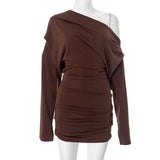 2025 H24DS263  New women's clothing new sexy mature solid color long-sleeved off-the-shoulder upper body loose short dress
