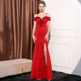 2025 Evening dress dress woman's one-word shoulder slim and thin banquet temperament simple celebrity banquet dinner long fishtail skirt