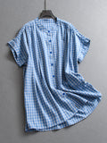 Contrasting color plaid loose silhouette lazy stand-up collar pure cotton shoulder sleeves  summer new versatile blouse X099