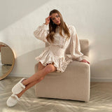 2025 Popular, New Spring and Autumn Casual Comfortable Fresh Printed Lapel Bubble Sleeve Shirt Lace Short Skirt Two-piece Set