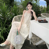 2025 New Chinese style tassel step suspender dress women's summer new pendant temperament bamboo pattern floral long skirt
