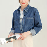 Hong Kong style denim suit shirt spring and summer new work commuting daily fashion retro blue stacked shirt