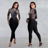 2025 C7137    Popular and  Fashion Women's Clothing Slim Mesh Hot Diamond Long Sleeve Long Pants Jumpsuit