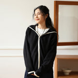 Classic double zipper hooded cardigan women's autumn and winter  new retro contrasting sweater knitted long-sleeved jacket