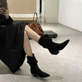 2025  popular autumn and winter new suede pointed thick heel medium heel short boots medium tube boots high heel stacking boots western cowboy boots