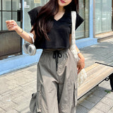 Summer cotton casual T-shirt women's new splicing V-neck shoulder sleeves loose casual versatile short blouse top