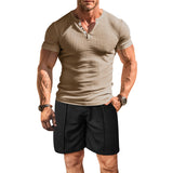 KKBOXLY 2025 summer new men's sports elastic T-shirt n trend Henry shirt casual short-sleeved shorts suit men