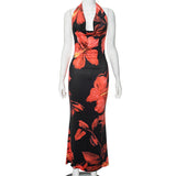 2025 D24DS158  women's clothing summer new sexy swinging neck halter flower printing slim-fitting long dress