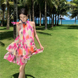 2025 Oil painting floral short neck sling seaside vacation dress women's summer sexy sleeveless off-the-shoulder a-word short skirt