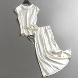 Solid color thin light luxury high-end temperament satin sleeveless top, a complete set of wear skirt women's suit C204