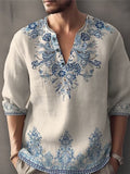 Plus Size Men's Ethnic Style Shirt, Vintage Floral Pattern Graphic Print Long Sleeve Shirt For Spring Fall, Men's Clothing
