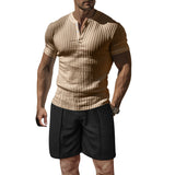 KKBOXLY 2025 n Henry Shirt Men's Summer Men's High-end Solid Color T-Shirt Shorts Two-piece Men's Sports Suit